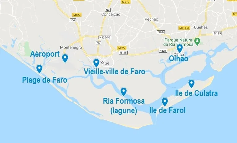 Carte des principaux points d'intérêt de Faro