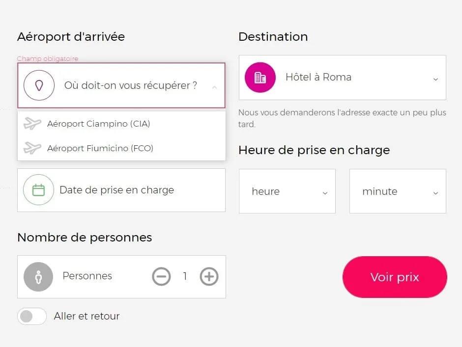 Interface de réservation d'un chauffeur à l'aéroport de Rome