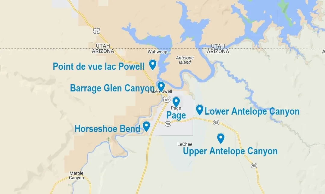 Carte des points d'intérêt autour de Page en Arizona