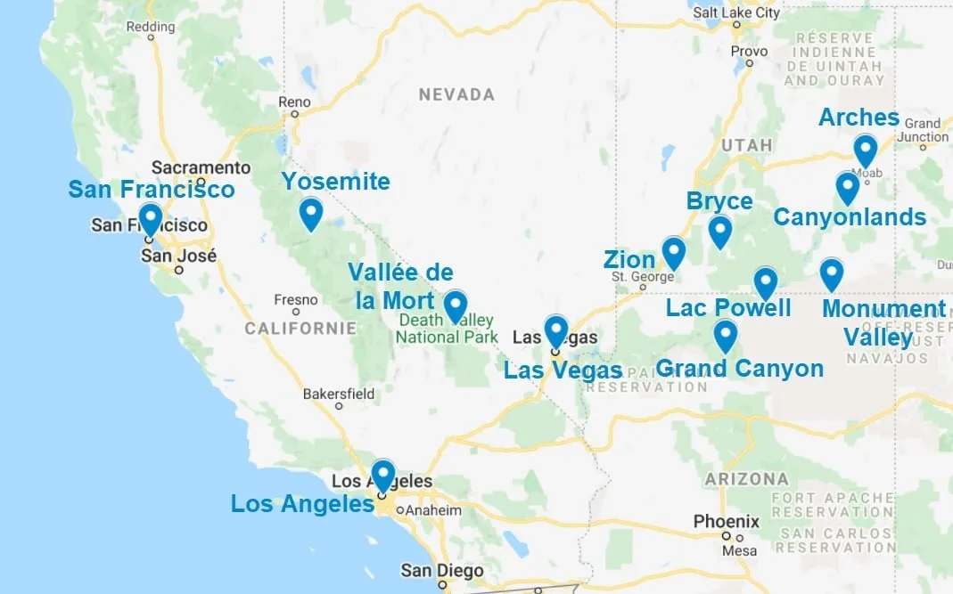 Carte de points d'intérêt dans l'ouest américain