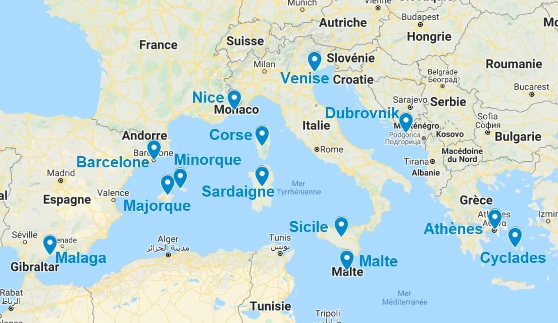 Carte de points d'intérêt d'une croisière en Méditerranée