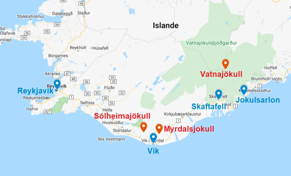 Carte des glaciers avec grotte bleue en Islande