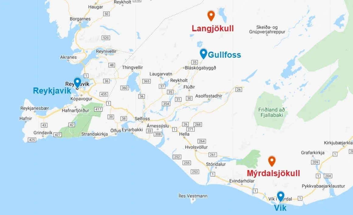 Carte des points de départ des excursions motoneige en Islande