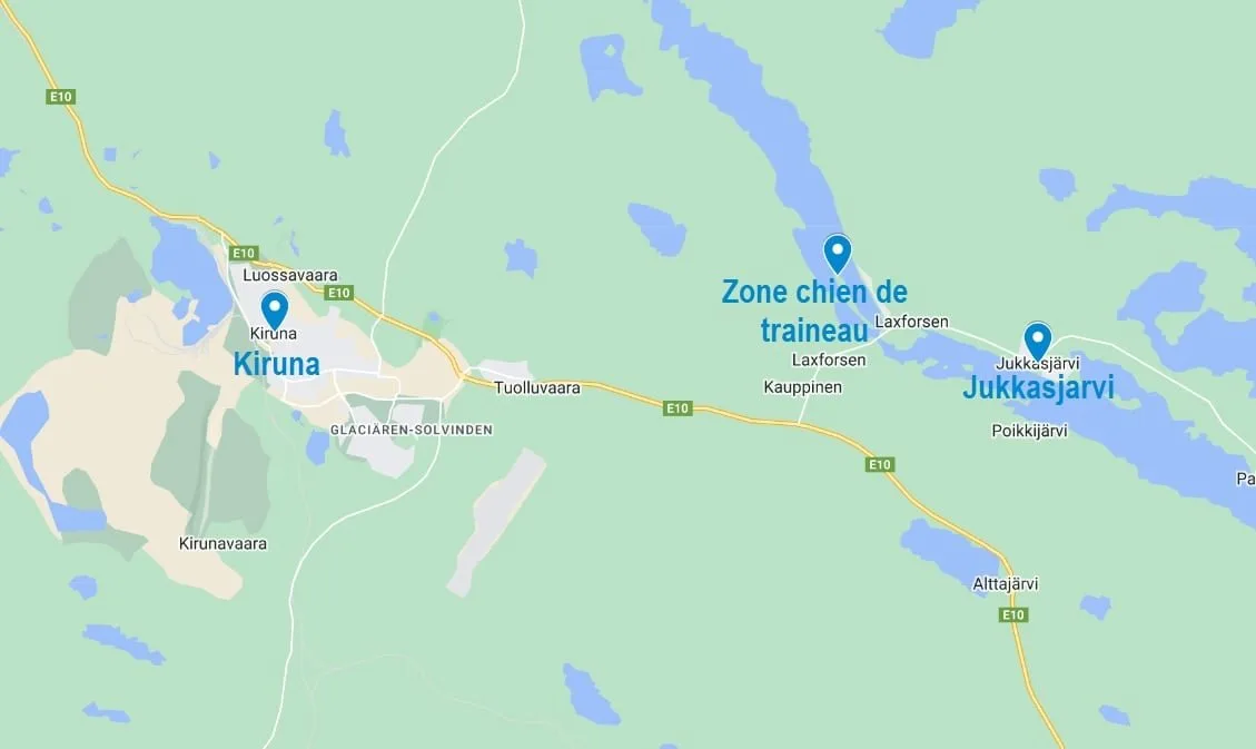 Carte de la zone où l'on pratique le chien de traineau à Kiruna