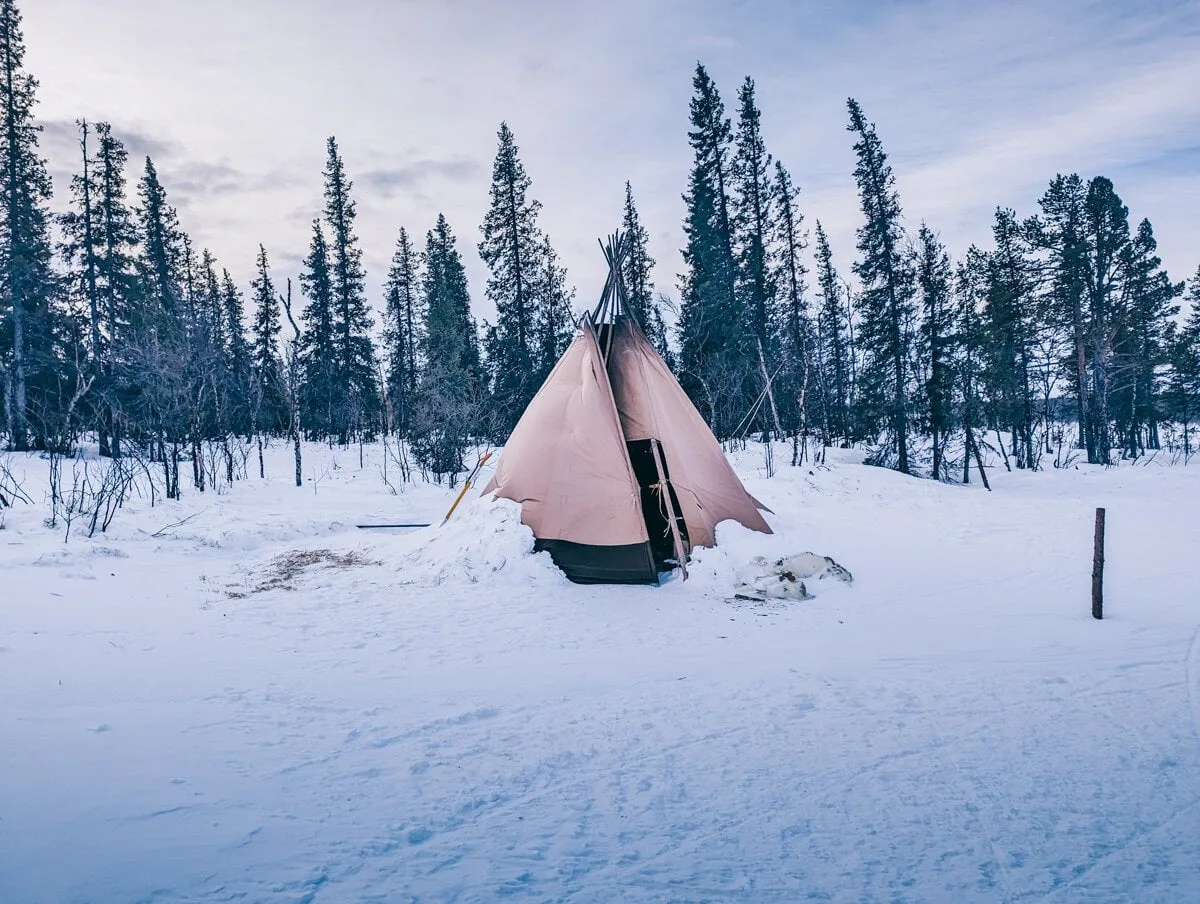 Tipi où l'on prend la pause lors de l'activité chien de traineau à Jukkasjarvi