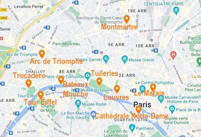 Carte de points d'intérêt pour une visite de Paris en 2 jours