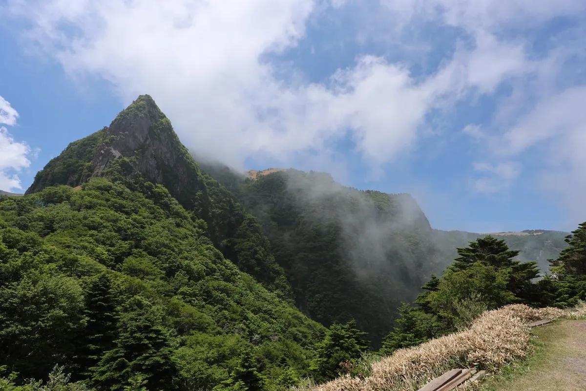 Pic rocheux pointu entouré de forêt verte et de nuages bas