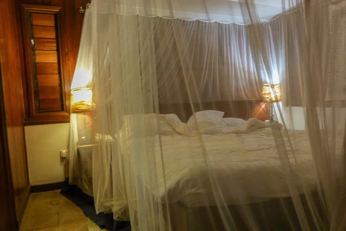 Lit double sous moustiquaire blanche dans chambre aux murs en bois