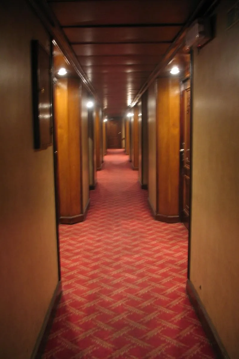Couloir intérieur avec moquette rouge et boiseries en enfilade