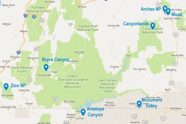 Carte du Arches National Park et des autres parcs de l'Utah et du nord de l'Arizona