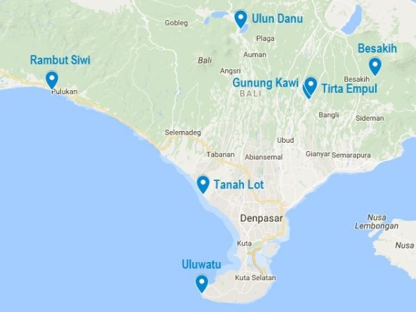 Carte de mes 7 temples incontournables à Bali