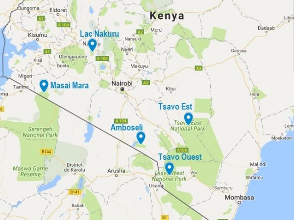 Où voir les big five au Kenya ? La carte des 5 parcs évoqués dans cet article