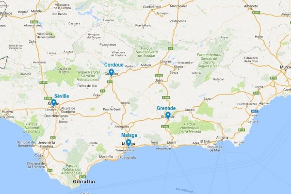 Carte des villes principales d'Andalousie