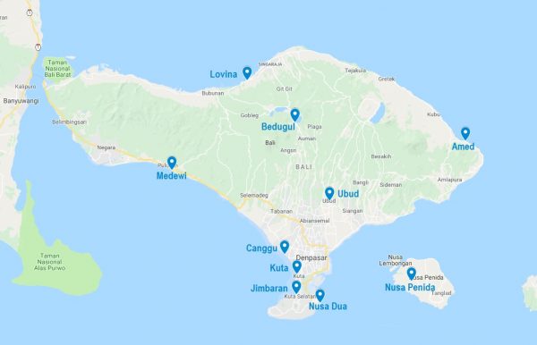 Carte de villes où dormir à Bali