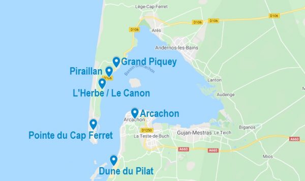 Carte de lieux à cibler un Airbnb au Cap Ferret