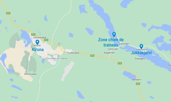 Carte de la zone où l'on pratique le chien de traineau à Kiruna